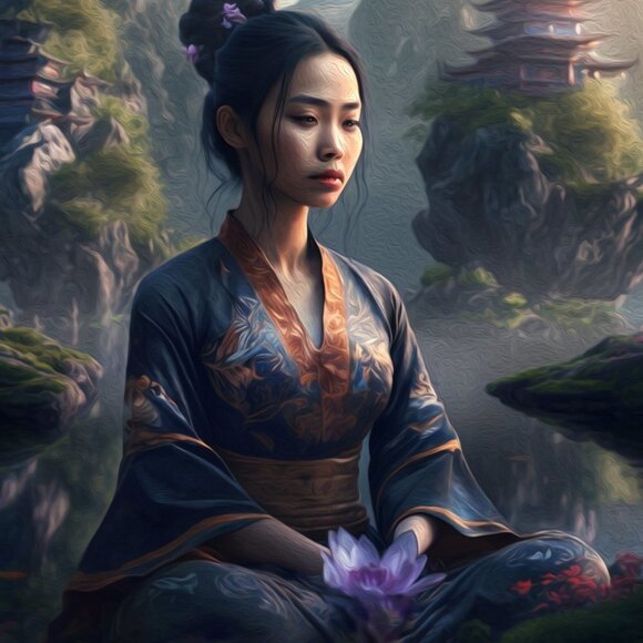 8x10 Woman Meditating Gorgeous‎ Landscape Fantasy Art Oil Painting Print - Picture 7 of 7